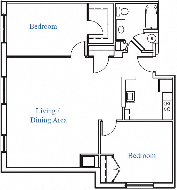Floor plan for 2 beds, 1 bath, 1045 sqft